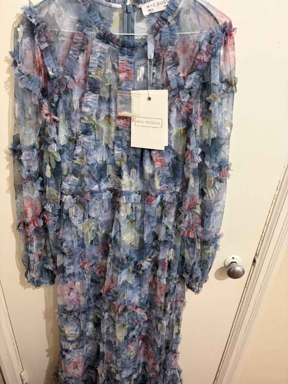 Mac Duggal Long Sleeve Blue Floral Ruffle Maxi Dress 8098 - Picture 5 of 9